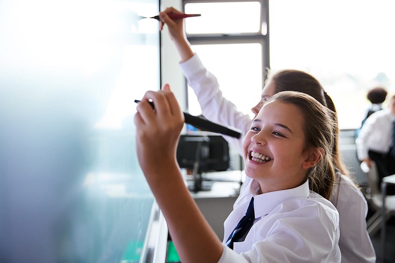 Students draw on whiteboard