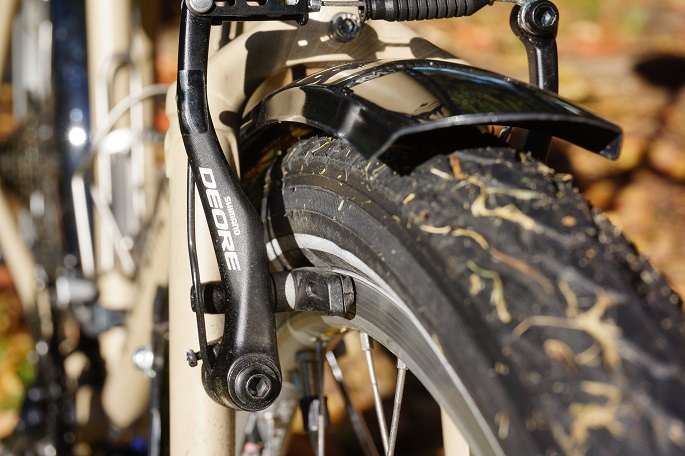 rim brake on cycle wheels close up 
