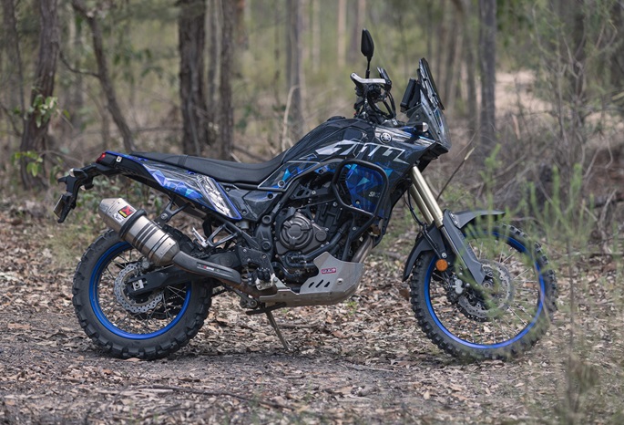 Motorcycle with protective gear in a forest